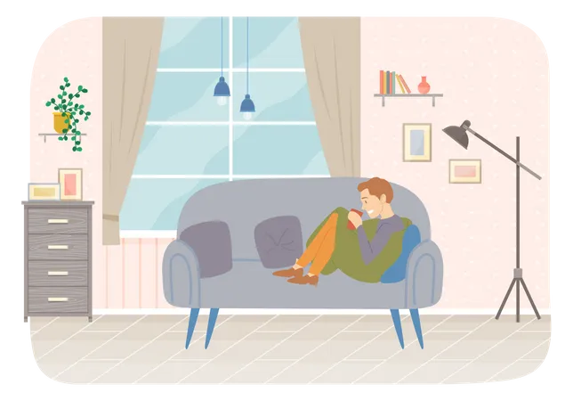 Mann sitzt auf der Couch und trinkt Kaffee oder Tee in der Wohnung  Illustration