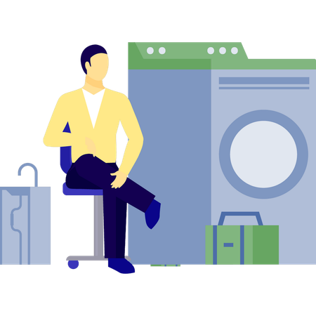 Mann sitzt auf Stuhl und schaut auf Waschmaschine  Illustration
