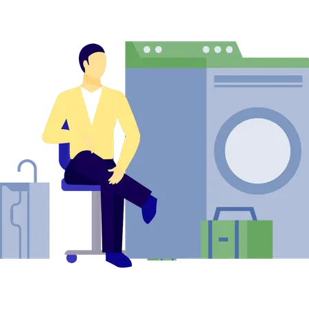 Mann sitzt auf Stuhl und schaut auf Waschmaschine  Illustration