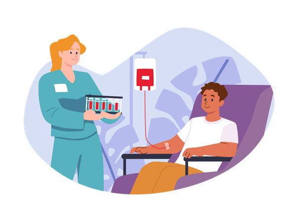 Mann sitzt im Stuhl und spendet Blut und Arzt hält Reagenzgläser  Illustration
