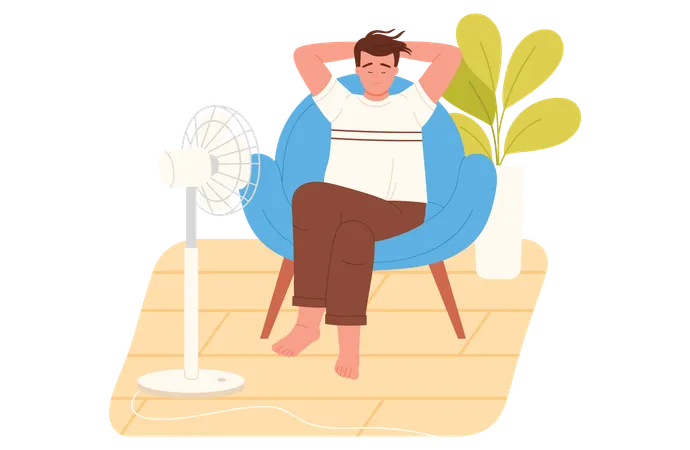 Mann sitzt auf Sofa vor Ventilator  Illustration