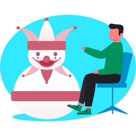 Mann sitzt auf Stuhl und zeigt auf Joker Iceman  Illustration