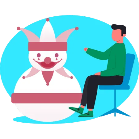 Mann sitzt auf Stuhl und zeigt auf Joker Iceman  Illustration