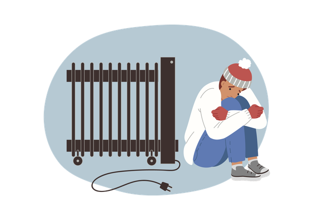 Mann sitzt bei Stromausfall im Haus frierend neben nicht funktionierendem elektrischen Heizkörper  Illustration