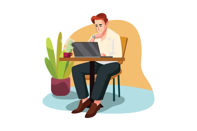 Mann sitzt im Café und arbeitet an einem Laptop  Illustration