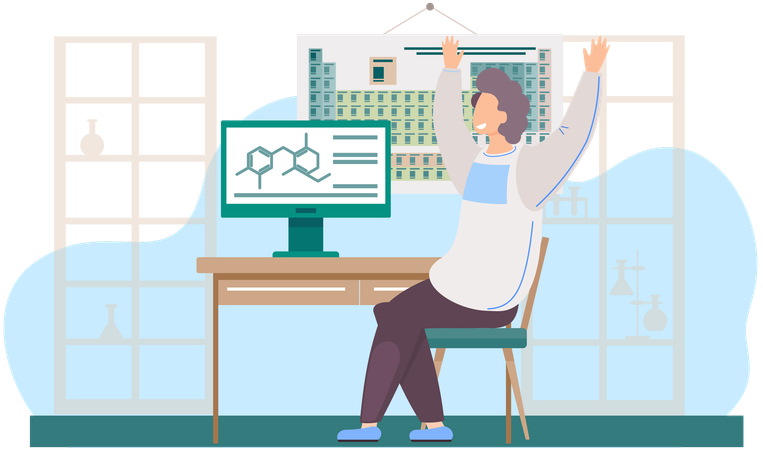 Mann sitzt im Chemieunterricht  Illustration