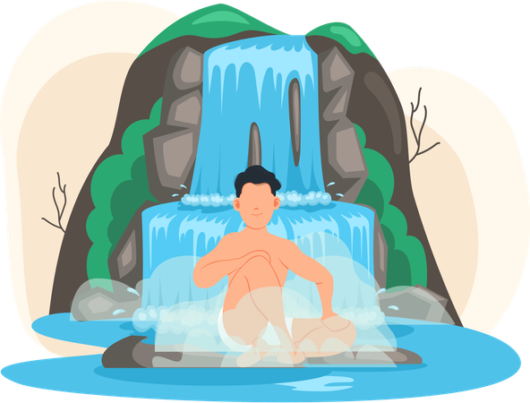 Mann sitzt im See neben Felsen und Wasserfall  Illustration