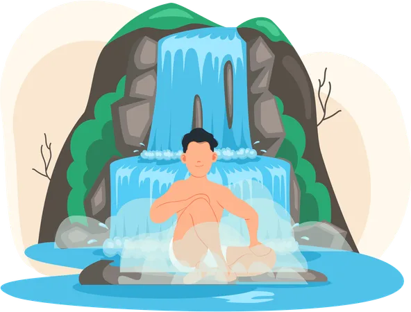 Mann sitzt im See neben Felsen und Wasserfall  Illustration