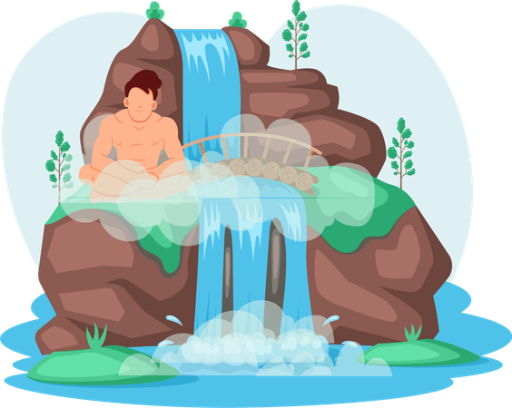 Mann sitzt im See neben Felsen und Wasserfall  Illustration