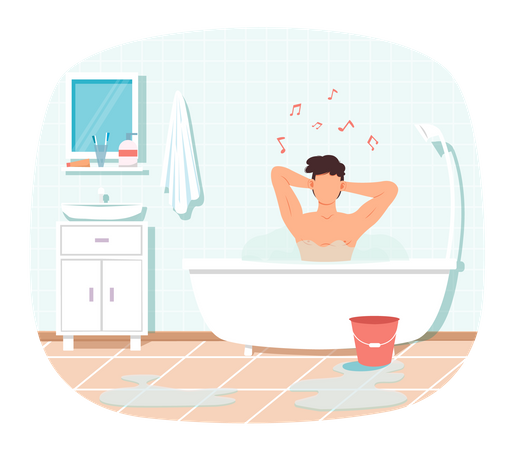 Mann sitzt in Badewanne mit heißem Wasser  Illustration