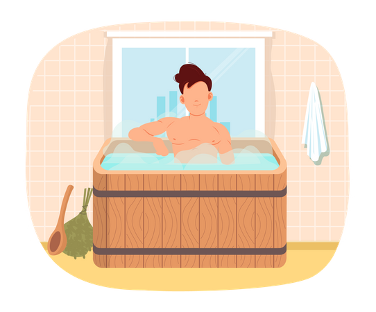 Mann sitzt in Fontäne mit heißem Wasser. Kerl nimmt Bad und ruht sich in der Freizeit in einem Holzfass aus  Illustration