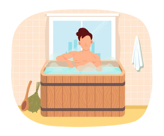 Mann sitzt in Fontäne mit heißem Wasser. Kerl nimmt Bad und ruht sich in der Freizeit in einem Holzfass aus  Illustration
