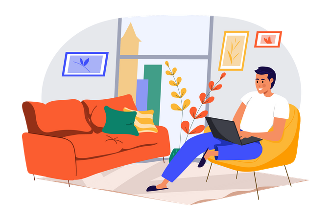 Mann sitzt mit Laptop auf dem Sofa  Illustration