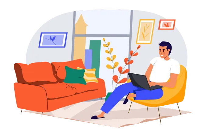 Mann sitzt mit Laptop auf dem Sofa  Illustration