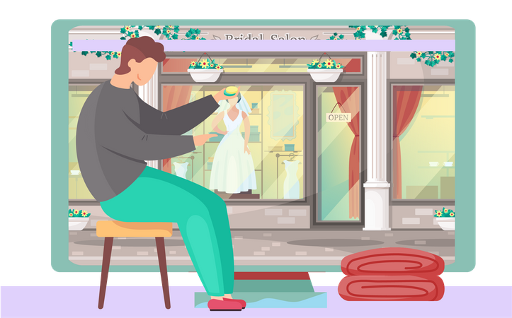 Mann sitzt neben Monitorsalon mit Schaufensterpuppe im Kleid  Illustration