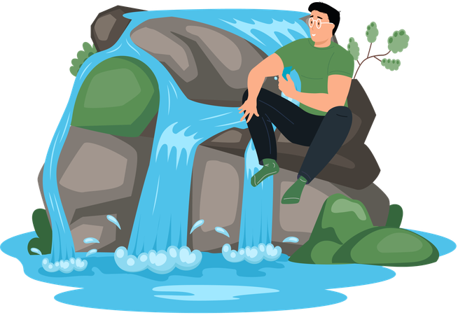 Mann sitzt in der Nähe von Wasserfall  Illustration