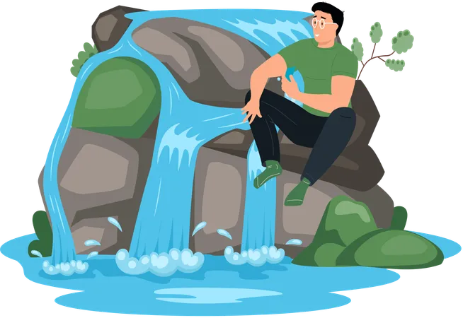 Mann sitzt in der Nähe von Wasserfall  Illustration