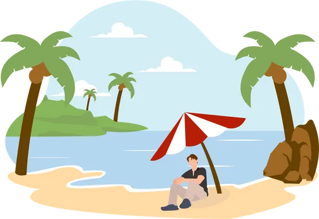 Mann sitzt unter Sonnenschirm am Strand  Illustration