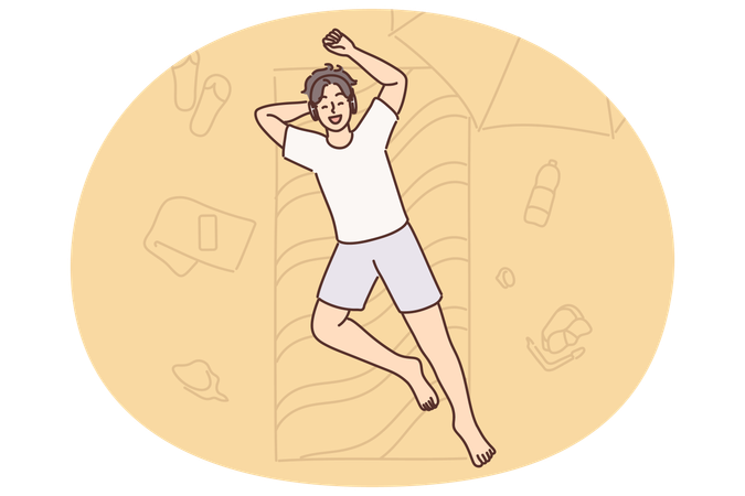 Mann sonnt sich auf Matratze am Strand und genießt Sommerurlaub auf heißer Insel  Illustration