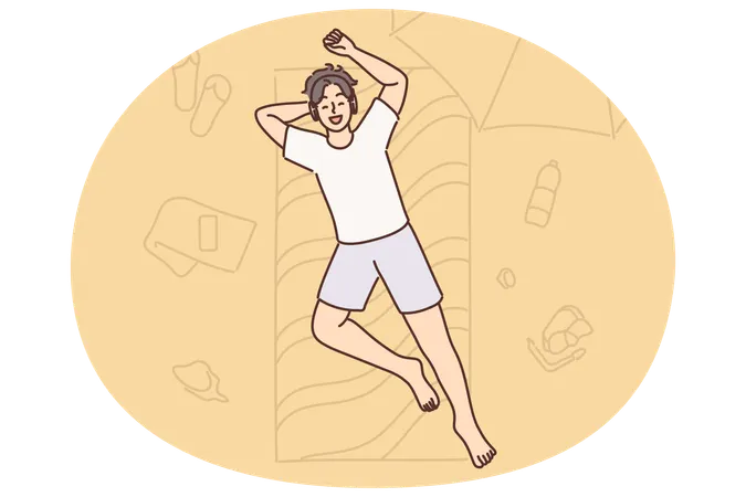 Mann sonnt sich auf Matratze am Strand und genießt Sommerurlaub auf heißer Insel  Illustration