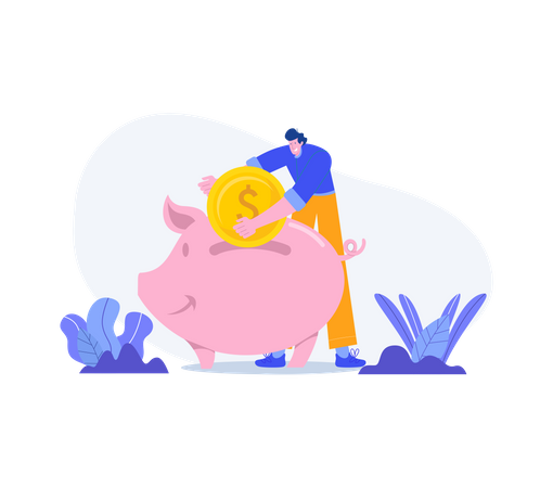 Mann spart Geld im Sparschwein  Illustration