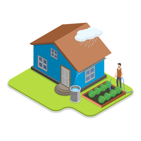 Mann spart Regenwasser  Illustration