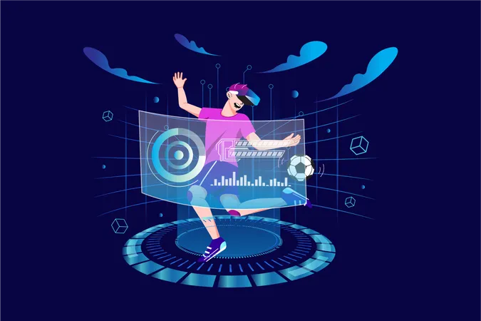 Mann spielt Fußball im Metaversum  Illustration