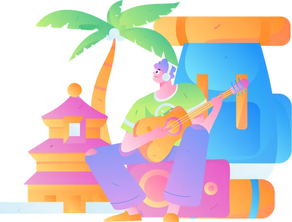 Mann spielt Gitarre auf Campingplatz  Illustration