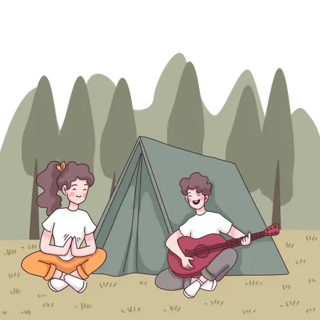 Mann spielt Gitarre auf dem Campingplatz  Illustration