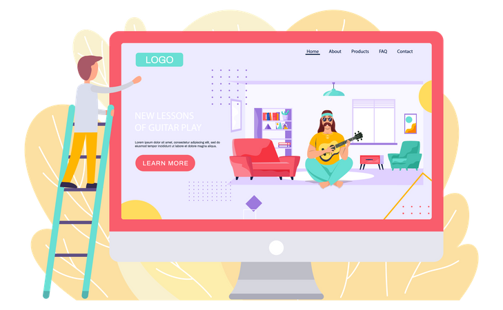 Mann spielt Gitarre beim Online-Unterricht  Illustration