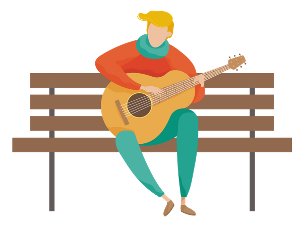 Mann spielt Gitarre, während er auf einer Parkbank sitzt  Illustration
