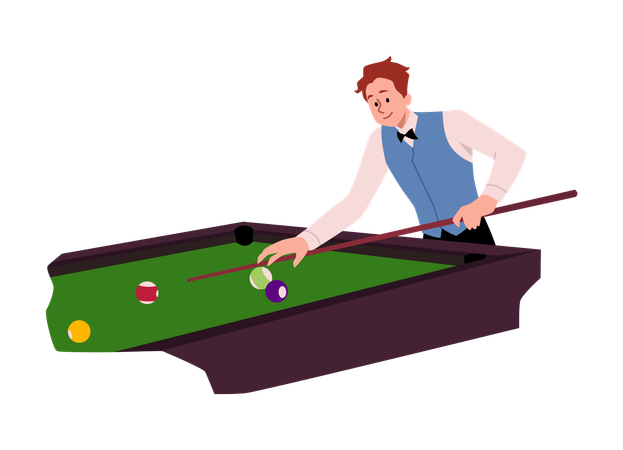 Mann spielt in der Nähe von Billardtisch mit Queue zielt auf Billardkugel  Illustration