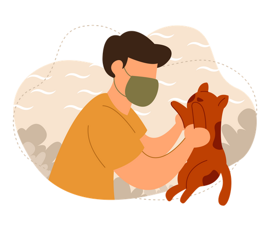 Mann spielt mit Katze, die eine Gesichtsmaske trägt  Illustration