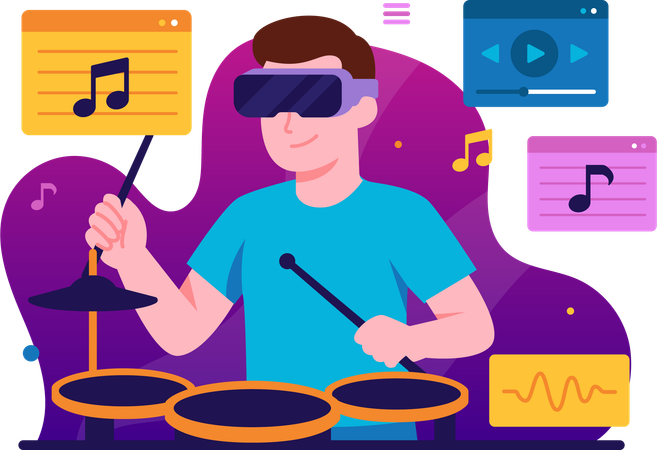 Mann spielt Musik mit Unterstützung von VR-Technologie  Illustration