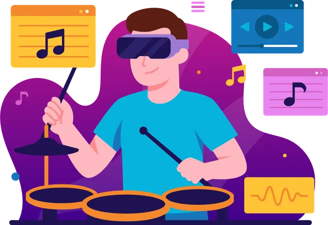 Mann spielt Musik mit Unterstützung von VR-Technologie  Illustration