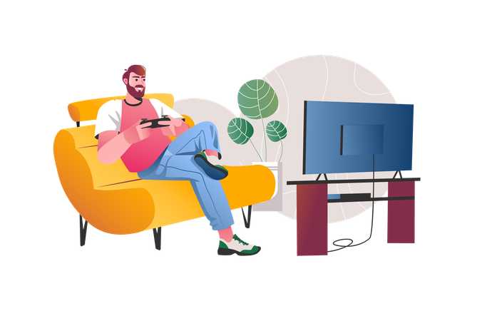 Mann spielt Videospiel, während er zu Hause auf der Couch sitzt  Illustration