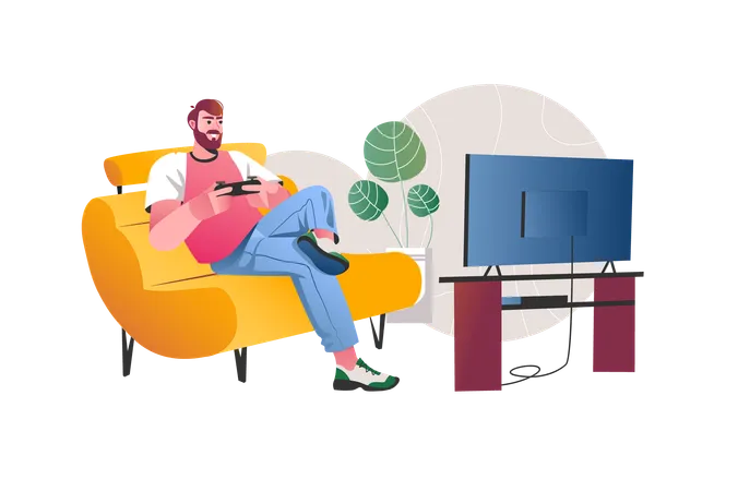 Mann spielt Videospiel, während er zu Hause auf der Couch sitzt  Illustration