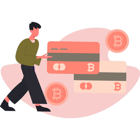 Mann spricht über Bitcoin-Kreditkarte  Illustration