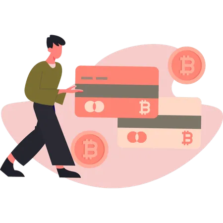 Mann spricht über Bitcoin-Kreditkarte  Illustration