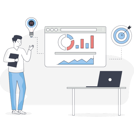 Mann spricht über Forschung und Analyse  Illustration