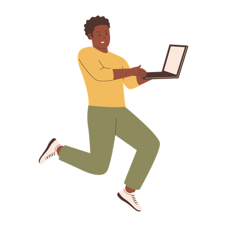 Mann springt mit Laptop  Illustration