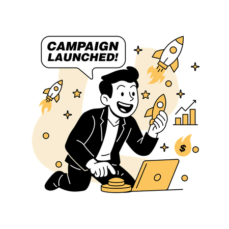 Mann startet Rakete Werbekampagne  Illustration