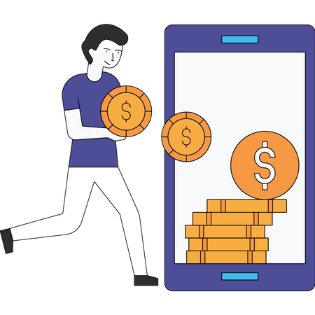 Mann steckt Dollarmünzen auf sein Handy  Illustration