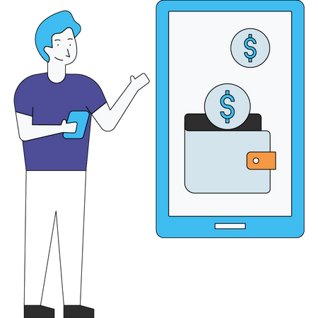 Mann steckt Geld in E-Wallet  Illustration