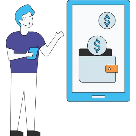 Mann steckt Geld in E-Wallet  Illustration