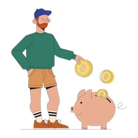 Mann wirft Münze in Sparschwein  Illustration