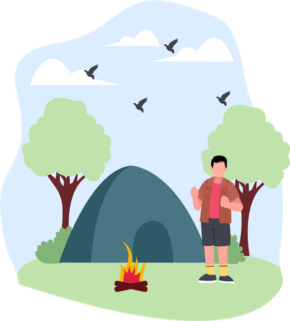 Mann steht auf Campingplatz  Illustration