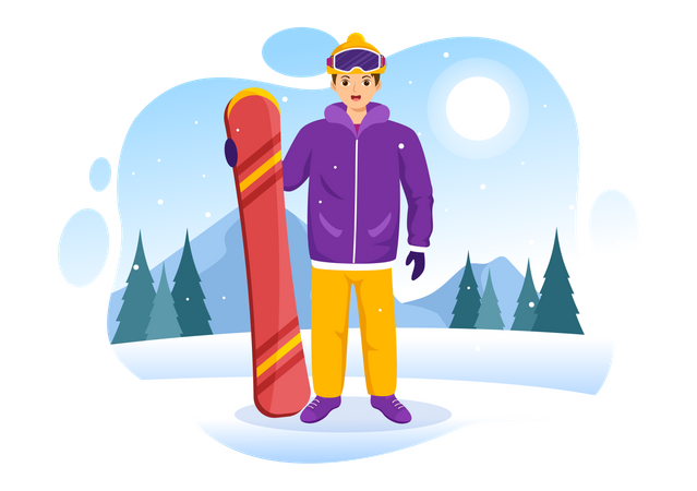 Mann steht mit Snowboarden  Illustration