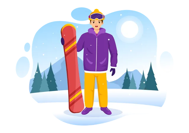 Mann steht mit Snowboarden  Illustration