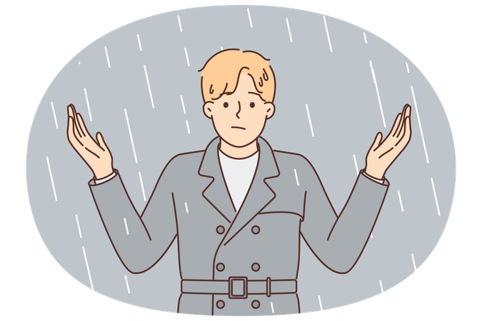 Mann steht im Regen und breitet die Arme aus, gestresst, weil er keinen Regenschirm und kein Dach über dem Kopf hat  Illustration